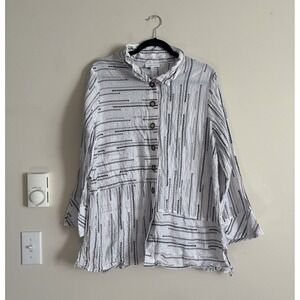 Habitat Clothing Womens Large Button Up Blouse White Beige Brown Coastal